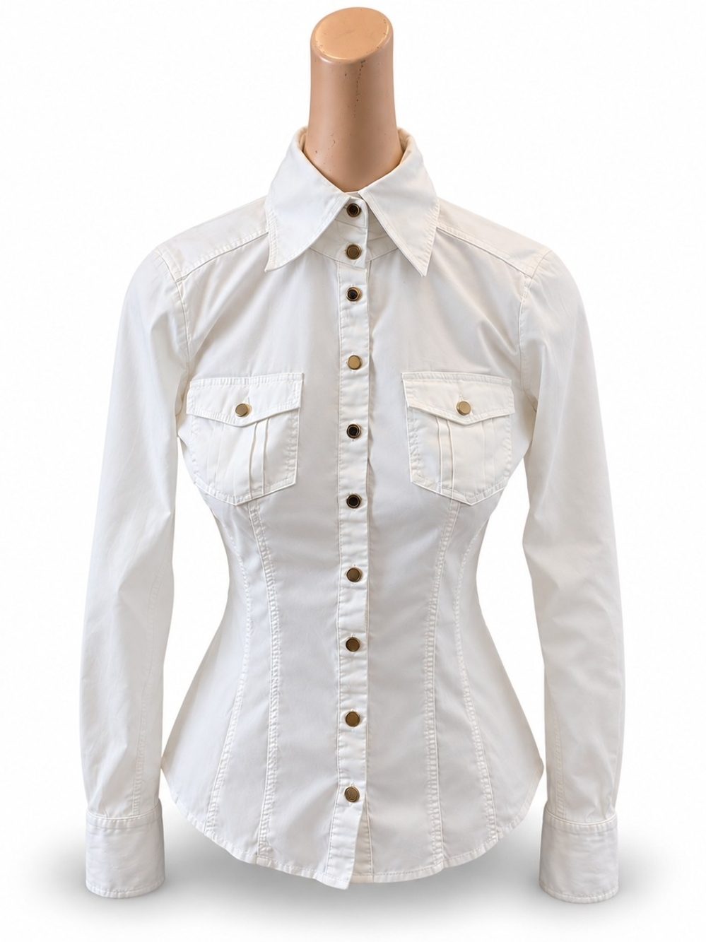 bebe White Long-Sleeve Button-Front Shirt with Chest Pockets